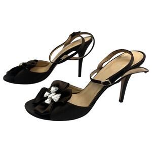 Kate Spade Shelby Satin Bow Rhinestone Stiletto Heels Sandals Dark Brown 9.5B